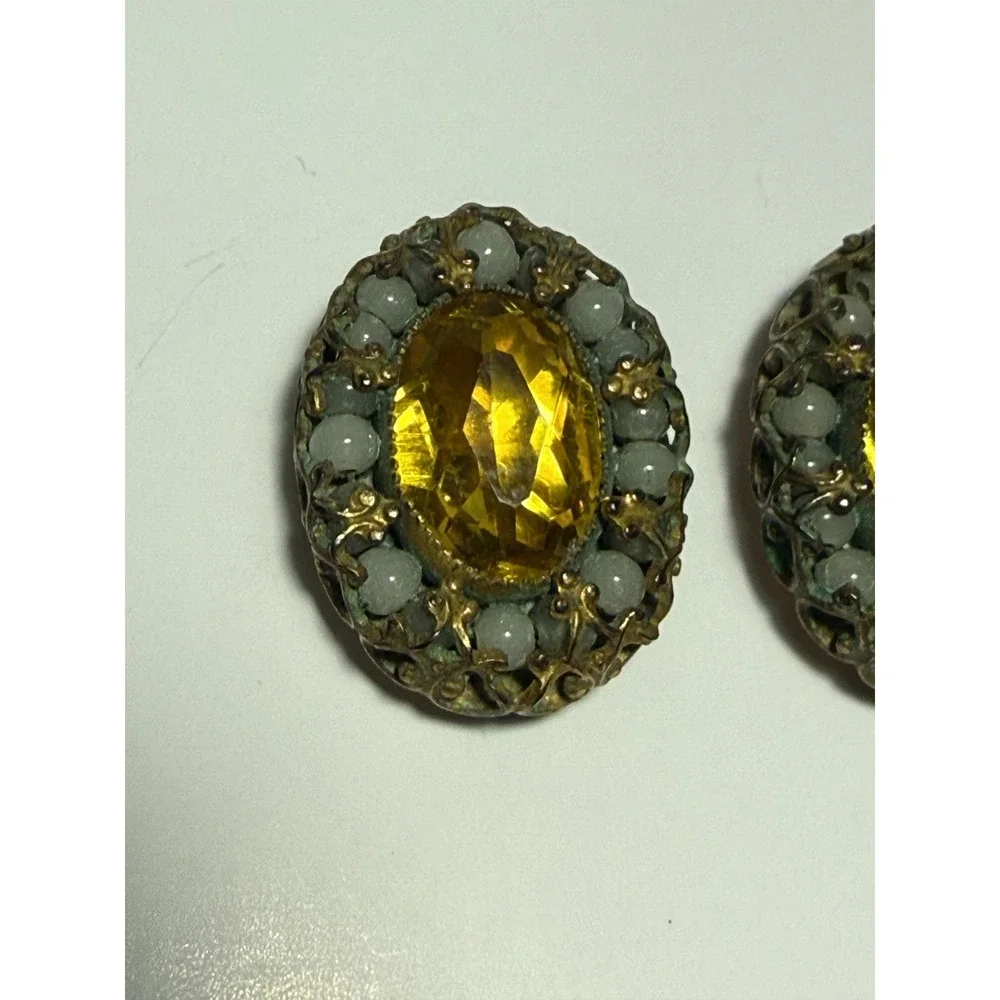 Vintage Yellow Glass‎ Oval Clip-On Earrings Brass Filigree Beaded Stud Women